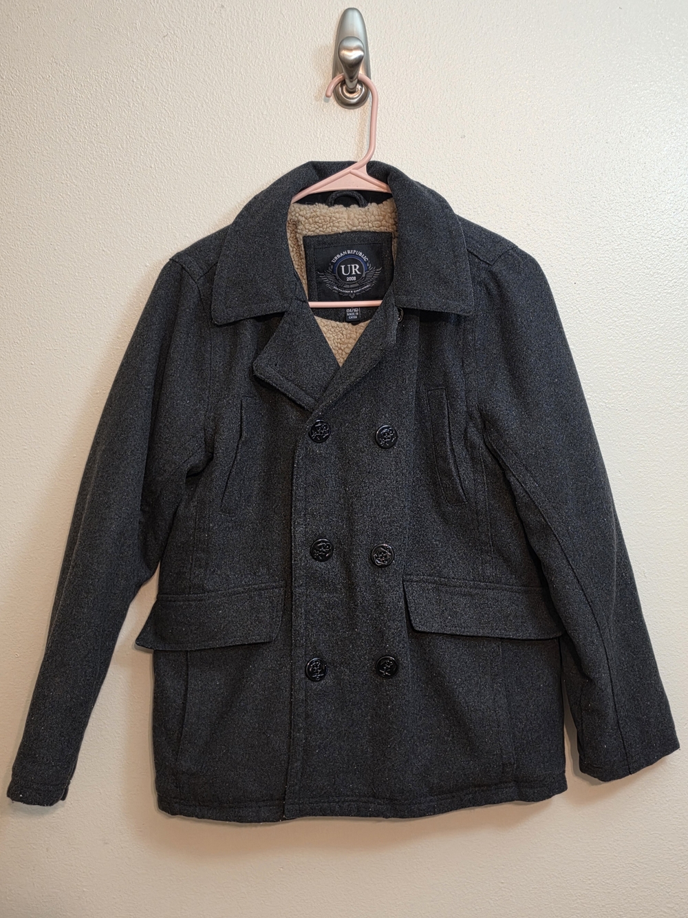 Urban Republic Charcoal Gray Double-Breasted Peacoat with Sherpa Lining